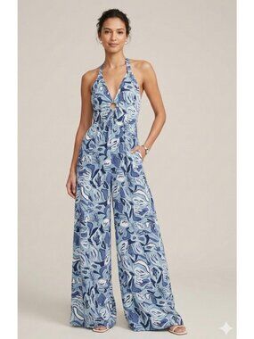 Sincerely Jules Women’s Jumpsuit Blue Floral Halter Maxi Wide leg Size Medium